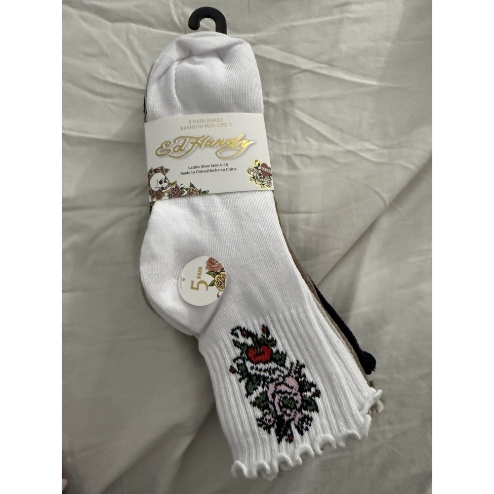 Ed Hardy 5 Pair Women's‎ Mid Crew Socks Roses Skull Tattoo Size 4-10 NWT Lettuce